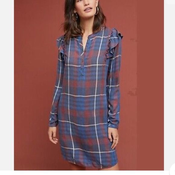 cloth & stone Tops - CLOTH & STONE Anthropologie RUFFLED SHIRT DRESS Plaid LS Blue Medium